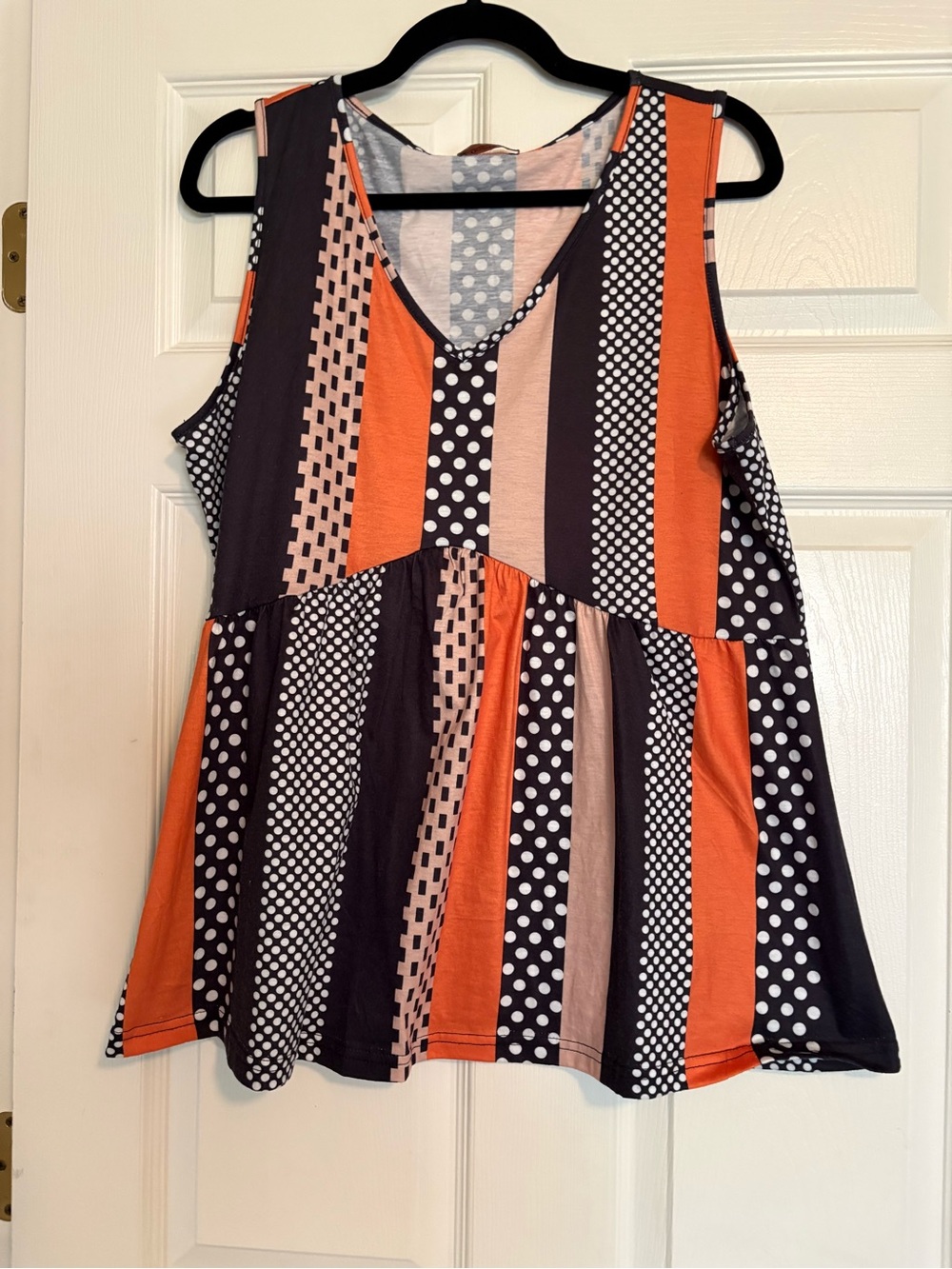 Striped & Polka Dot Sleeveless V-Neck Top in Orange & Black